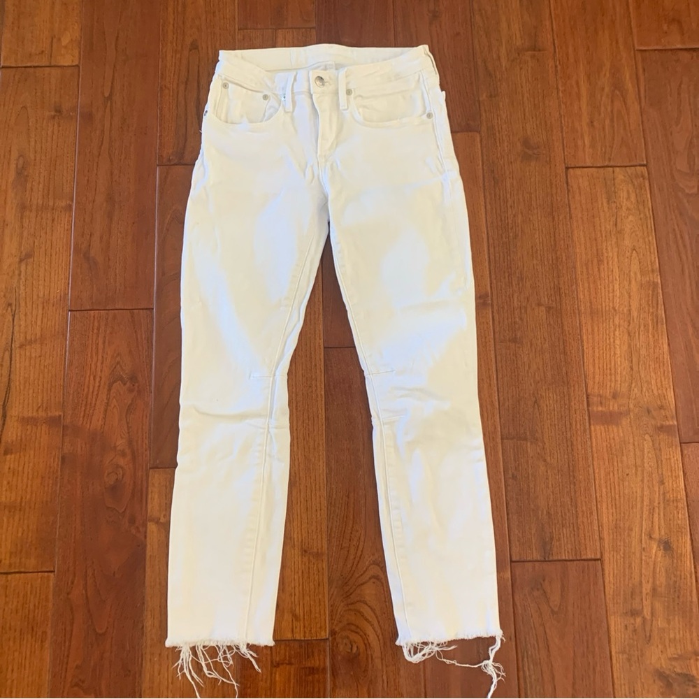 HELMUT LANG Pants Size 25 White Cropped Frayed Hem Classic 5 Pocket Jeans $295